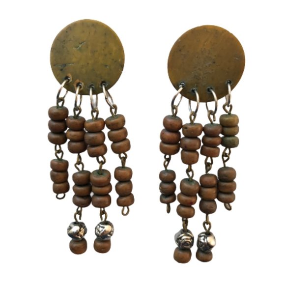 Vintage Brown Silver Wood Stud Dangle Earring - Picture 7 of 7